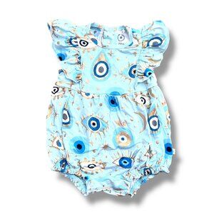Posh Peanut Evil Eye Blue Ruffle Bubble Romper Size 3-6M